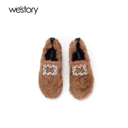 westory22年秋冬新款纯色钻扣平底绒里保暖玛丽珍毛毛鞋女W22CM72801 商品图3