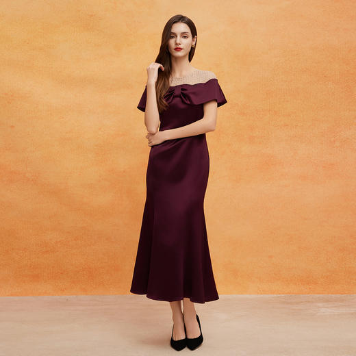 QF809斯尔丽2025新款年轻喜妈妈礼服拼接网纱烫钻修身气质高雅连衣裙 商品图0