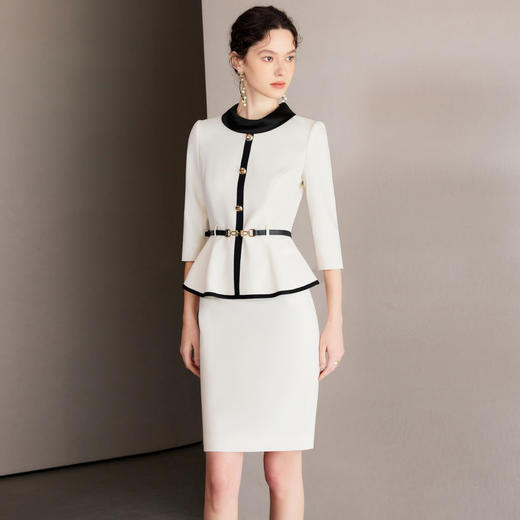 IWY/黑白拼接七分袖白色连衣裙女设计感假两件医美职业裙装正装Q1273 商品图1