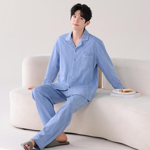 爱帝针织纯棉睡衣长袖长裤翻领开襟家居套 商品图5
