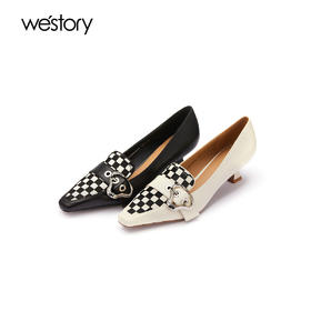 westory法式优雅扣带高跟鞋棋盘格拼接春季新款中跟方头质感单鞋W22AM54401