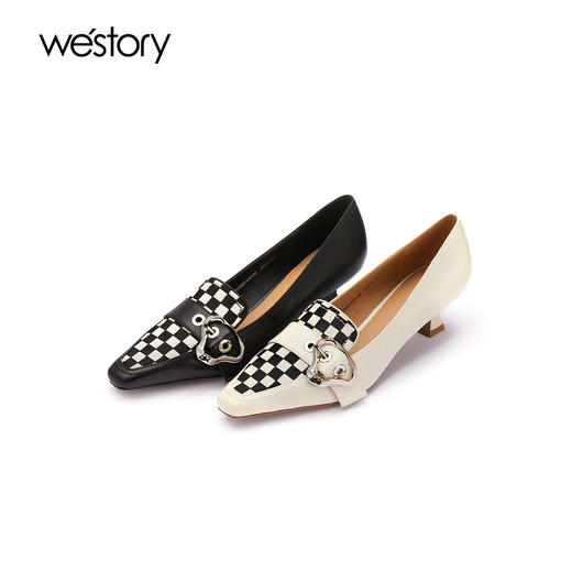 westory法式优雅扣带高跟鞋棋盘格拼接春季新款中跟方头质感单鞋W22AM54401 商品图0