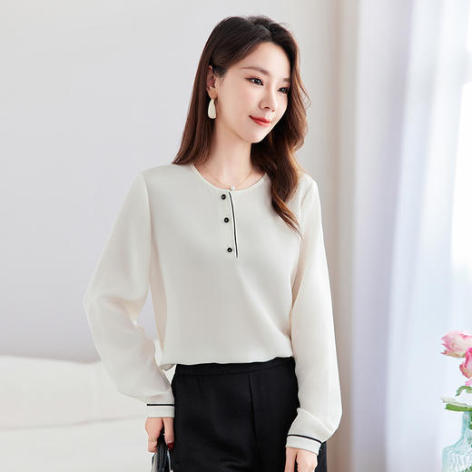 QS-12599702【桑蚕丝弹力重绉】春夏新桑蚕丝衬衫女长袖圆领百搭小衫12599702 商品图1