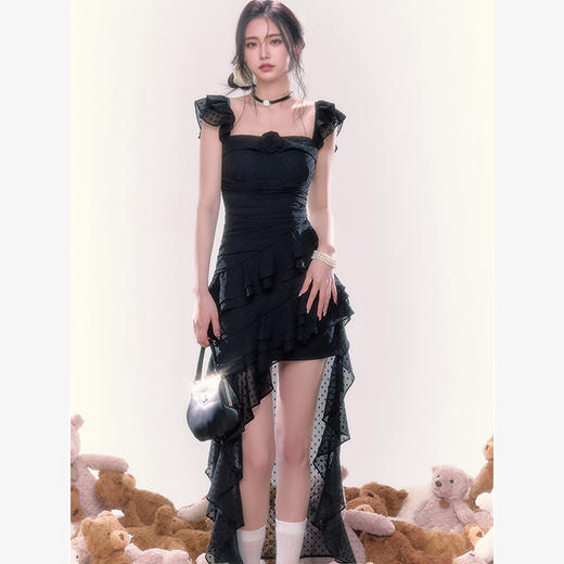 西遇法式方领连衣裙女新款薄纱荷叶边一字肩收腰裙子SS150108 商品图3