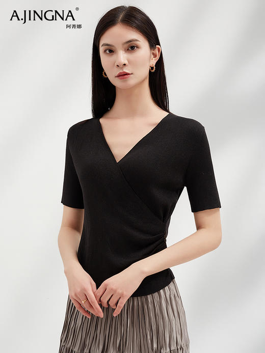 【优雅高智风】阿菁娜别致通勤V领捏褶针织短袖F30C302010 商品图3