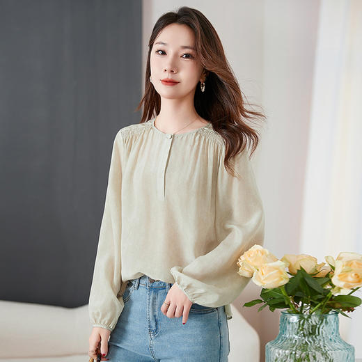 QS-12599680【纯色100桑蚕丝】20025春夏气质通勤长袖衬衣圆领衬衫女12599680 商品图2