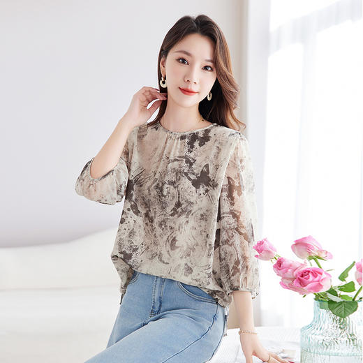 QS-12599728【100%桑蚕丝双绉印花】真丝衬衫女国风灯笼五分袖衬衣女12599728 商品图2