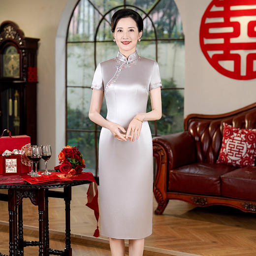 LHS-C162参加婚礼妈妈改良醋酸旗袍裙春秋新款喜婆婆婚宴装丈母娘敬酒服女 商品图0