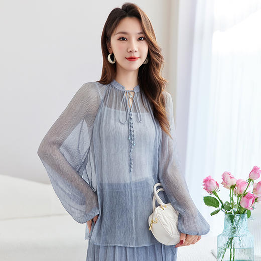 QS-12599692【100%桑蚕丝】2025夏款新款首发真丝衬衣女长袖立领衬衫12599692 商品图2