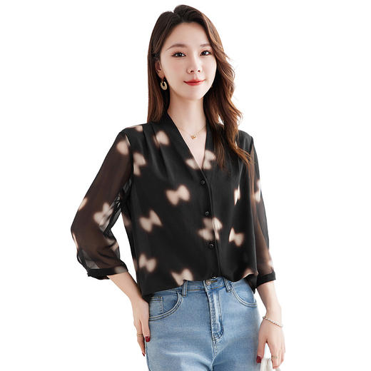 QS-12599336【实体档口女装】V领真丝衬衫女100％桑蚕丝长袖印花衬衣12599336 商品图4