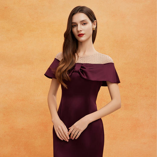 QF809斯尔丽2025新款年轻喜妈妈礼服拼接网纱烫钻修身气质高雅连衣裙 商品图2