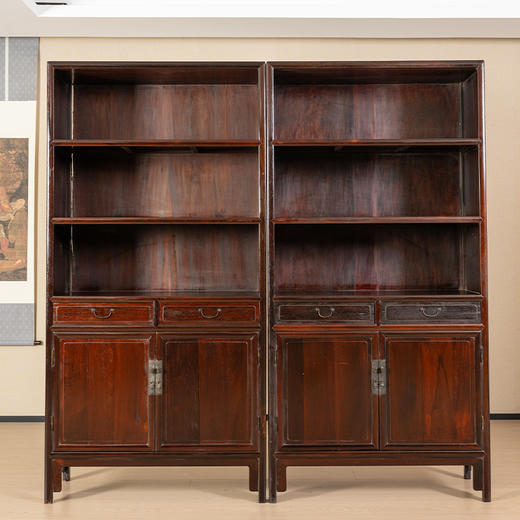 清 红木三层亮格带屉书柜（一对） 商品图0