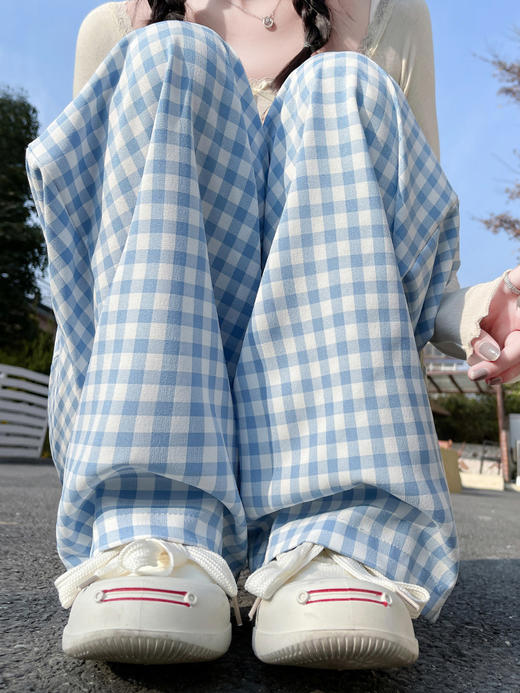 【多巴胺松弛感慵懒】夏季薄款高级感撞色格子直筒裤 垂感休闲山本阔腿裤  商品图0