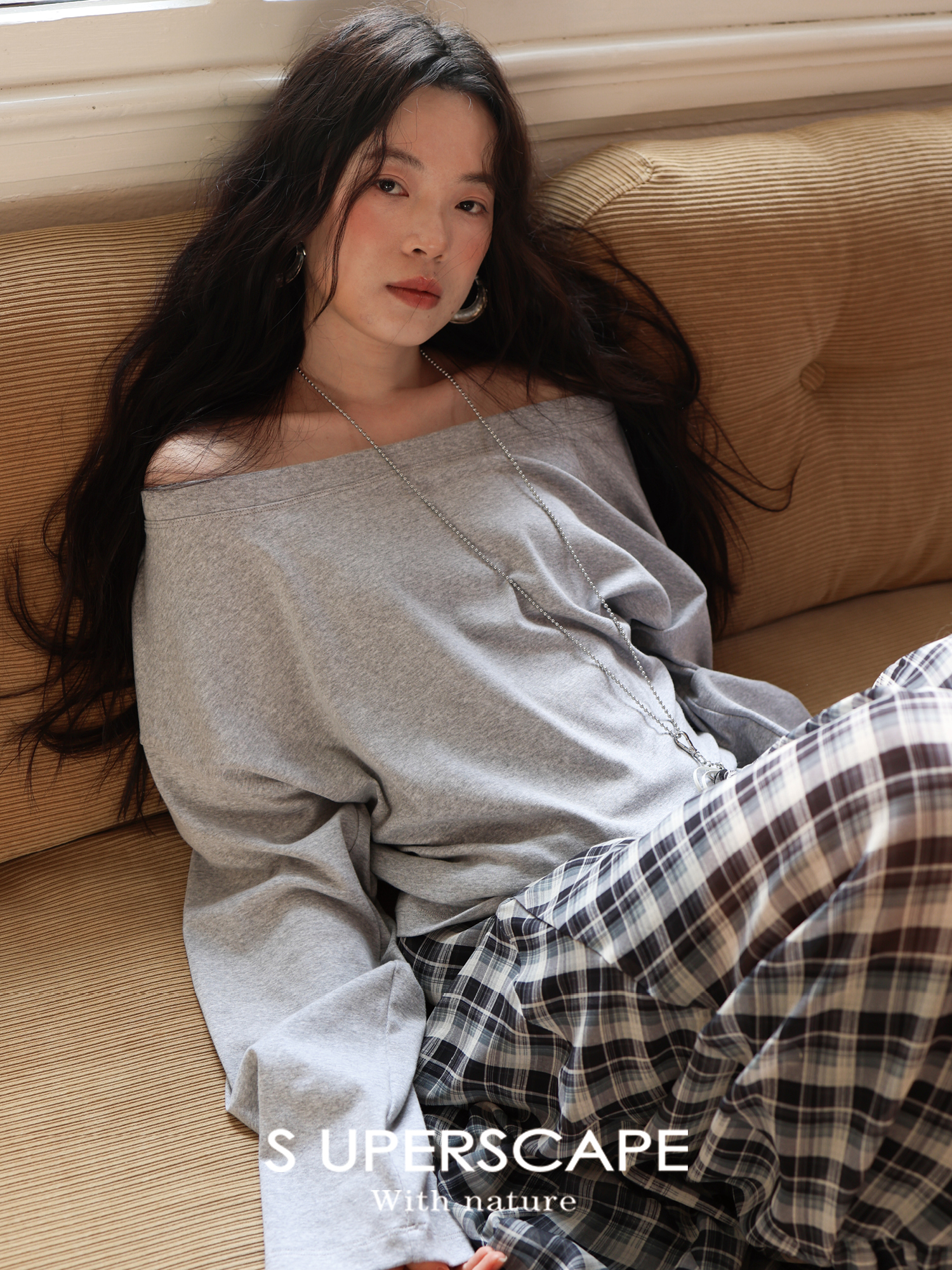 素舶 新疆棉7A抗菌柔软透气不变形一字领斜肩长袖T恤SUPERSCAPE