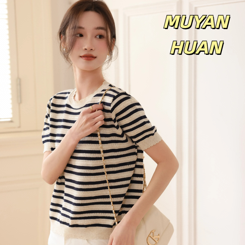MUYANHUAN 初夏天丝亚麻针织衫，亲肤舒适，松弛感慵懒感的条纹衫