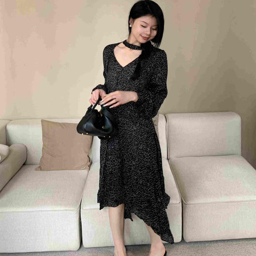 顺丰包邮洛诗琳12854春夏新款设计感波点印花真丝飘带连衣裙0097 商品图4