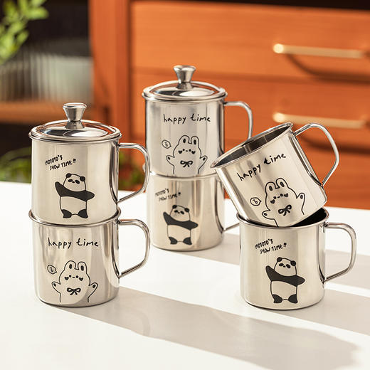 摩登主妇mototo熊猫316L不锈钢马克杯耐摔家用儿童喝水杯带盖杯子 商品图0