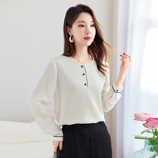 QS-12599702【桑蚕丝弹力重绉】春夏新桑蚕丝衬衫女长袖圆领百搭小衫12599702 商品图2