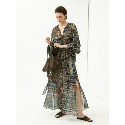 COCOBELLA复古度假风波普花卉飘带半身裙开叉浪漫长裙HS0045B 商品图1