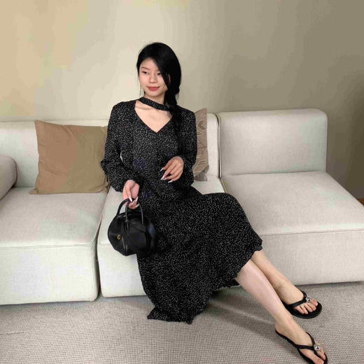 顺丰包邮洛诗琳12854春夏新款设计感波点印花真丝飘带连衣裙0097 商品图0
