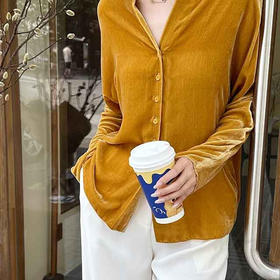 顺丰包邮洛诗琳14554春季新款复古修身显瘦真丝丝绒V领衬衫1169