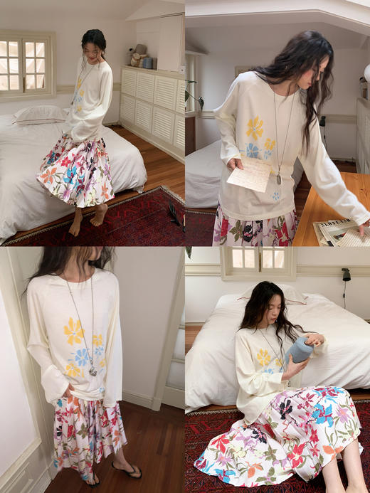 素舶 棉混纺面料多色烟花花朵圆领长袖印花T恤SUPERSCAPE 商品图3