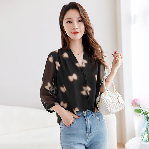 QS-12599336【实体档口女装】V领真丝衬衫女100％桑蚕丝长袖印花衬衣12599336 商品图2
