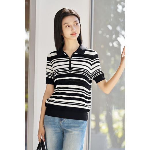 【XL/XXL预售7天】米思阳2026夏季新款简约休闲撞色黑白条纹T恤拉链POLO领上衣5823 商品图3