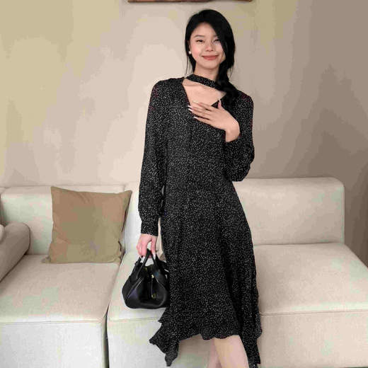 顺丰包邮洛诗琳12854春夏新款设计感波点印花真丝飘带连衣裙0097 商品图3