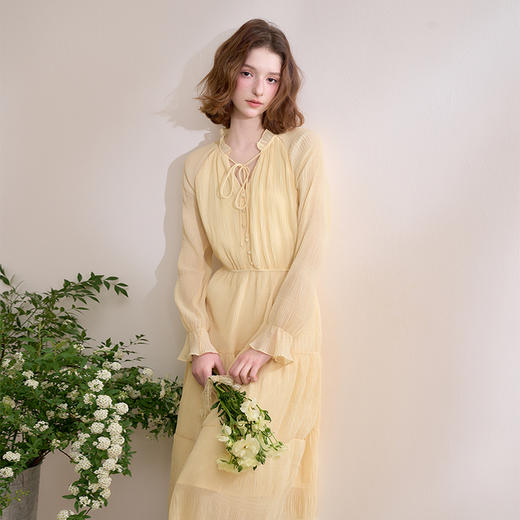 【压褶雪纺】优雅拼接荷叶边长袖连衣裙女松紧腰长裙V0550248 商品图3