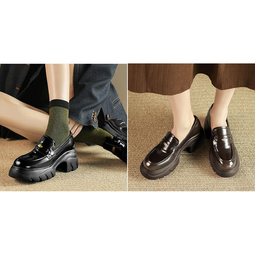 手工女鞋真皮高跟乐福鞋洋气百搭日系圆头厚底单鞋女增高7CM 商品图0