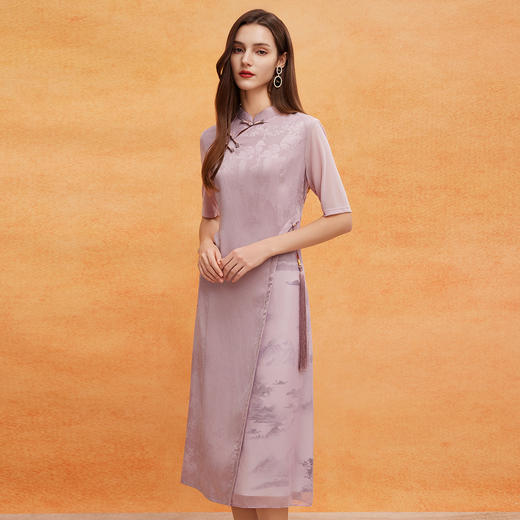 QF816斯尔丽2025新款改良旗袍夏季拼接薄透朦胧水墨画精致流苏连衣裙 商品图2