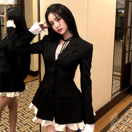 西遇黑色西装连衣裙女新款通勤v领拼接收腰长袖裙子SS150082 商品图3