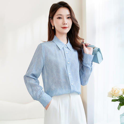 QS-22599656【14姆米100%桑蚕丝】牛仔蓝衬衣女气质显瘦长袖真丝衬衫22599656 商品图2