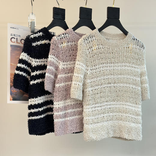 顺丰包邮洛诗琳12730夏季新款设计感花式撞色镂空针织T恤81681 商品图3
