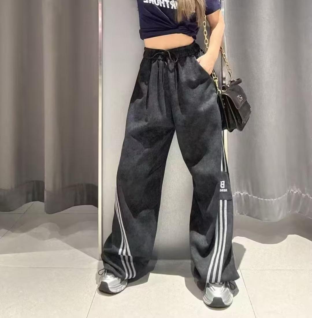 MZ侧边斜条纹松紧腰头阔腿长裤（黑）夏季151100080321