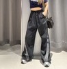 MZ侧边斜条纹松紧腰头阔腿长裤（黑）夏季151100080321 商品缩略图0