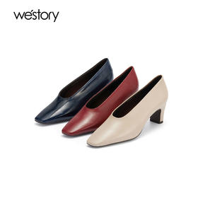 westory春季新款小中跟尖头原皮修饰脚型优雅气质女鞋W24AM56571