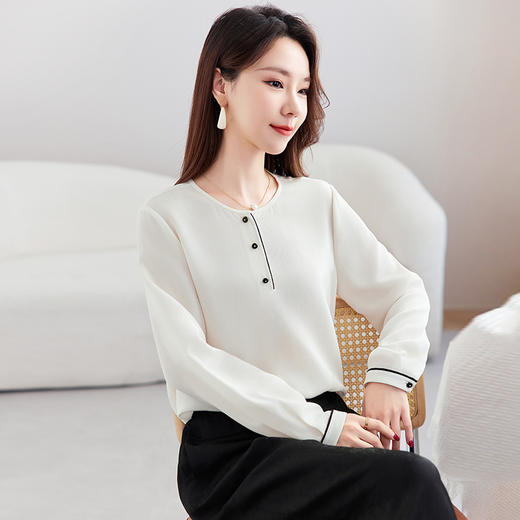 QS-12599702【桑蚕丝弹力重绉】春夏新桑蚕丝衬衫女长袖圆领百搭小衫12599702 商品图0