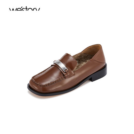 westory2021秋冬一脚蹬绒里乐福鞋通勤百搭单鞋方头真皮纯色女鞋W22AM54151 商品图1