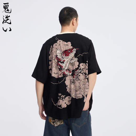 ONIARAI/鬼洗25春夏新品泥棒蓝腾鲤绣花短袖衬衫男式宽松衬衫 N740028 商品图0