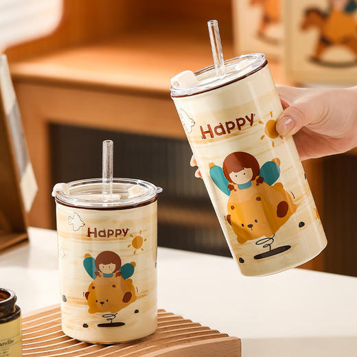 【一盖多饮！陶瓷吸管杯】马克杯夏天女生高颜值陶瓷早餐吸管杯ins办公室学生宿舍水杯大容量，童趣图案，仪式感满满。ry 商品图3