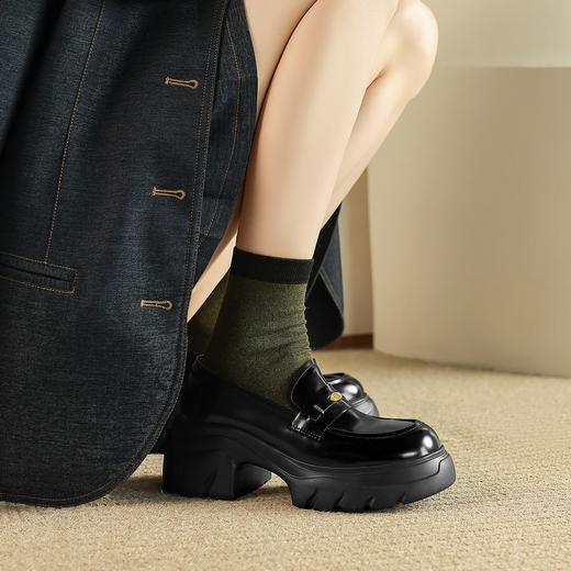 手工女鞋真皮高跟乐福鞋洋气百搭日系圆头厚底单鞋女增高7CM 商品图1