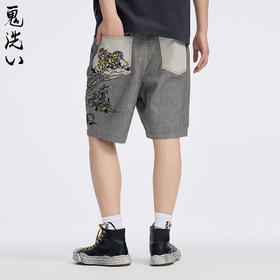 ONIARAI/鬼洗25春夏新品泥棒蓝十二神绣花宽松牛仔短裤男 25N0544