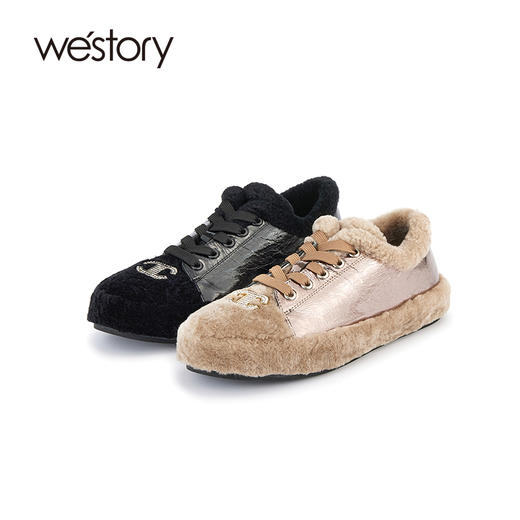 westory2023秋冬新款羊毛平底系带毛毛鞋加绒加厚保暖棉鞋女W23DM83801 商品图0