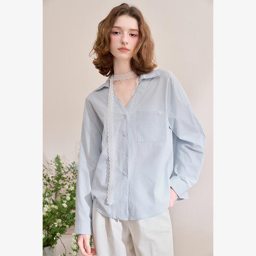 西遇蕾丝拼接衬衫女新款蓝色法式假两件薄款长袖上衣D0050469 商品图0