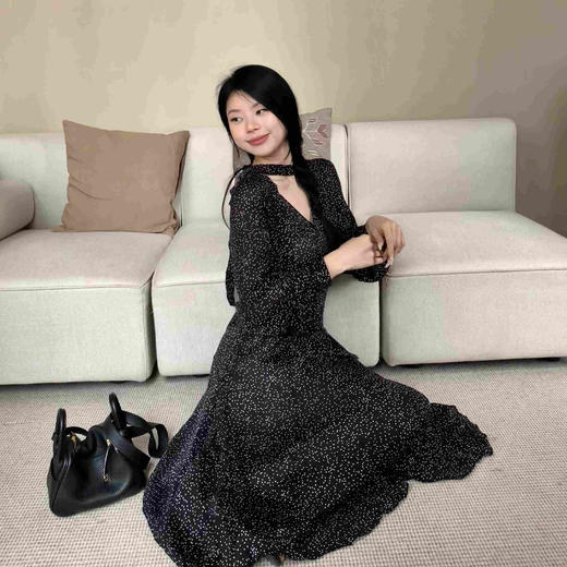 顺丰包邮洛诗琳12854春夏新款设计感波点印花真丝飘带连衣裙0097 商品图1