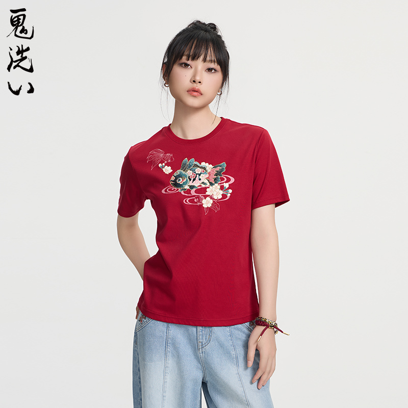 ONIARAI/鬼洗25春夏新品泥棒蓝女款兔兔鱼绣花短袖T恤 N840272