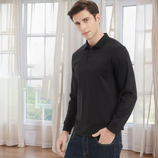 岸纾 优选100％长绒棉双面丝光棉长袖翻领T恤POLO衫190克（7色可选）  商务经典百搭海岛棉内搭抗皱不易变形好打理P1015 商品图0