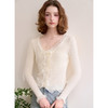 西遇蕾丝边针织开衫女新款坑条米白色v领短款长袖上衣D0050409 商品缩略图4